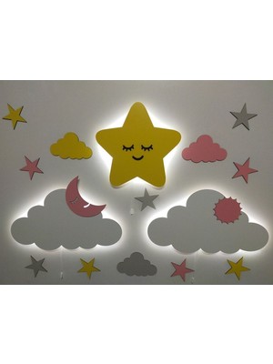 Sevimli Yıldız Bulut 2'li Ahşap Gece Lambası, Ledli Dekoratif Çocuk Odası Aydınlatması