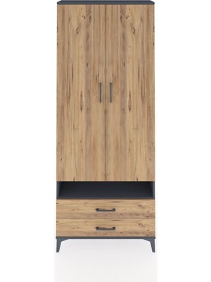 Arges Dolap 3 Raflı 2 Çekmeceli Tek Askılı 88X30X221 Antrasit-Çam