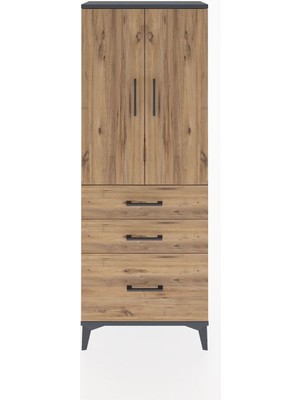 Arges Dolap 3 Raflı 3 Çekmeceli 2 Kapaklı 60X30X163 Antrasit-Çam
