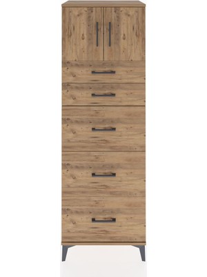 Hyperion Dolap Tek Raflı 5 Çekmeceli 2 Kapaklı 60X44X182 Çam-Çam