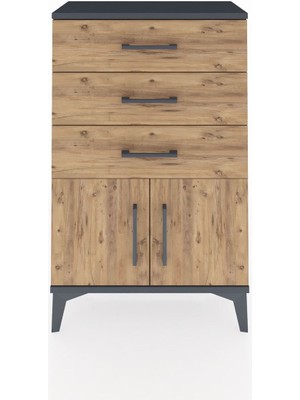 Arges Komodin 3 Çekmeceli 2 Kapaklı 60X30X96 Antrasit-Çam
