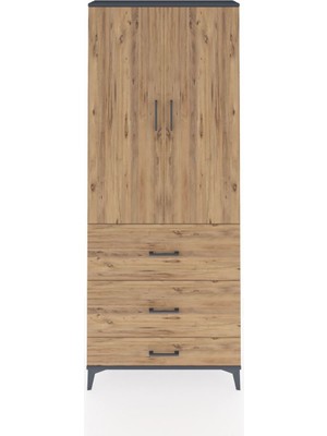 Arges Dolap 2 Raflı 3 Çekmeceli Tek Askılı 88X30X221 Antrasit-Çam