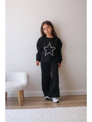 Yıldız Baskılı Taşlı Şardonlu Kız Çocuk Ikili Eşofman Takımı