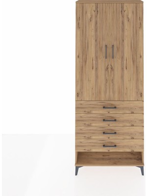 Arges Dolap 3 Raflı 4 Çekmeceli 2 Kapaklı 88X30X221 Çam-Çam
