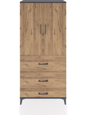 Hyperion Dolap 3 Raflı 3 Çekmeceli 2 Kapaklı 88X44X195 Antrasit-Çam