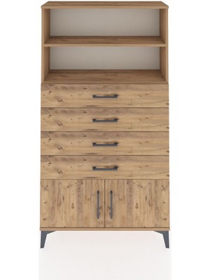 Arges Dolap 2 Raflı 4 Çekmeceli 2 Kapaklı 88X30X163 Çam-Çam