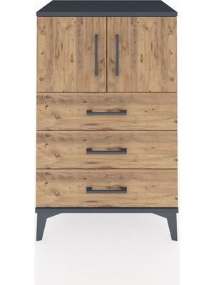 Hyperion Komodin Tek Raflı 3 Çekmeceli 2 Kapaklı 60X44X96 Antrasit-Çam