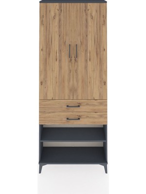 Arges Dolap 4 Raflı 2 Çekmeceli 2 Kapaklı 88X30X221 Antrasit-Çam