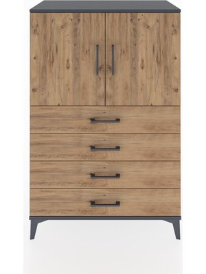 Hyperion Dolap 2 Raflı 4 Çekmeceli 2 Kapaklı 88X44X134 Antrasit-Çam