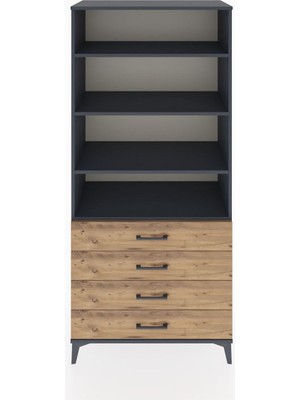 Hyperion Dolap 4 Raflı 4 Çekmeceli 88X44X195 Antrasit-Çam