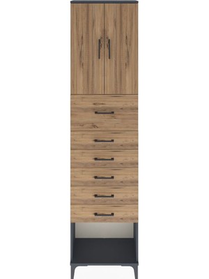 Arges Dolap 2 Raflı 6 Çekmeceli 2 Kapaklı 60X30X243 Antrasit-Çam