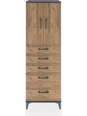 Hyperion Dolap Tek Raflı 5 Çekmeceli 2 Kapaklı 60X44X182 Antrasit-Çam