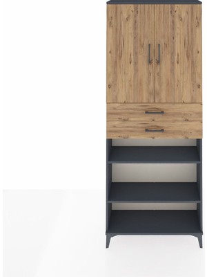 Arges Dolap 5 Raflı 2 Çekmeceli 2 Kapaklı 88X30X221 Antrasit-Çam
