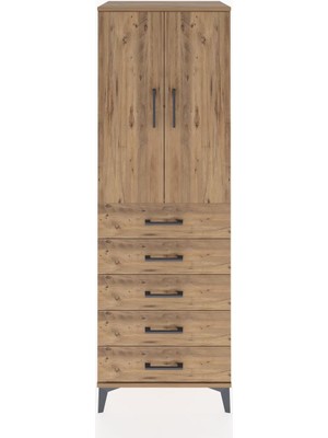 Hyperion Dolap Tek Raflı 5 Çekmeceli Tek Askılı 60X44X182 Çam-Çam