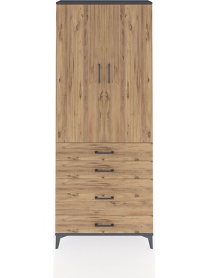 Arges Dolap 3 Raflı 4 Çekmeceli 2 Kapaklı 88X30X221 Antrasit-Çam