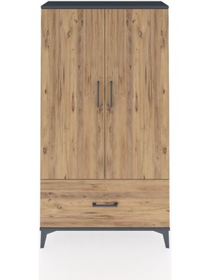 Arges Dolap 3 Raflı Tek Çekmeceli 2 Kapaklı 88X30X163 Antrasit-Çam