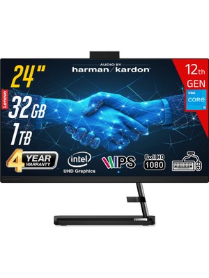 Lenovo Ideacentre Aıo3 24IAP7 Intel Core I5-12450H 32GB 1tb SSD Intel UHD Graphics 23.8 Fhd IPS Freedos Klavye+Mouse Siyah All In One Bilgisayar