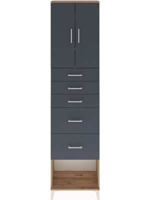 Arges Dolap 3 Raflı 5 Çekmeceli 2 Kapaklı 60X30X243 Çam-Antrasit