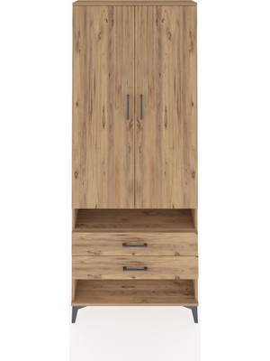 Arges Dolap 3 Raflı 2 Çekmeceli Tek Askılı 88X30X221 Çam-Çam