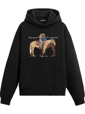 Colermi Kovboy At Üstünde Dinlenen Adam Tasarım Baskılı Western Tarz Unisex Kapüşonlu Hoodie
