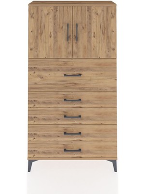 Arges Dolap 2 Raflı 5 Çekmeceli 2 Kapaklı 88X30X163 Çam-Çam