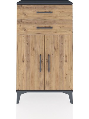 Arges Komodin Tek Raflı 2 Çekmeceli 2 Kapaklı 60X30X106 Antrasit-Çam