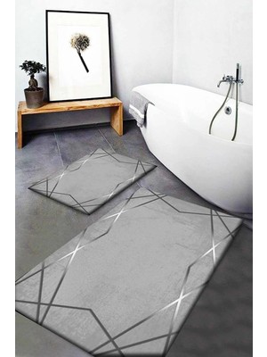 Gri Çizgili Yıkanabilir Kaymaz Tabanlı Banyo Halısı Takımı (2'li)