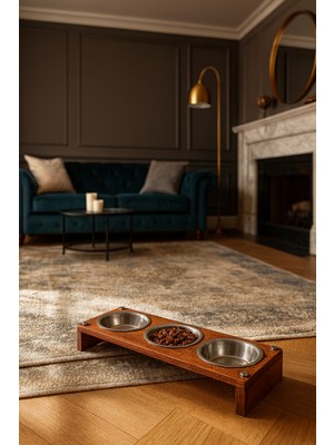 Paslanmaz Çelik Kaselerle Şık Ahşap Stand – Kedi & Köpek Mama & Su Kabı