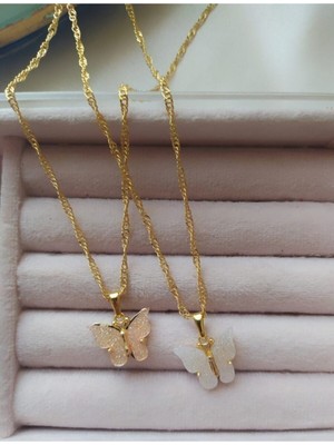 Pembe ve Beyaz Kelebek Kolye Seti