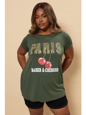 Büyük Beden Bisiklet Yaka Kısa Kollu Parlak Baskılı T-Shirt 304175