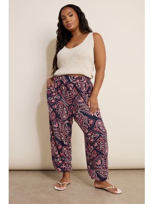 Büyük Beden Cepli Beli Paçası Lastikli Etnik Desenli Pantolon 310144
