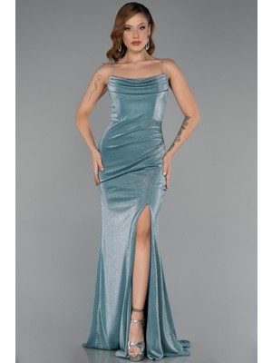 Göğüs Drapeli Bacak Dekolteli Uzun Simli Abiye ABU5245