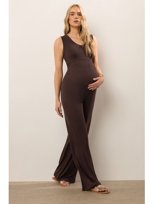 Stil Diva Büyük Beden V Yaka Sıfır Kol Hamile Tulumu Düz Desen 198139 Kolsuz Kadın Modası