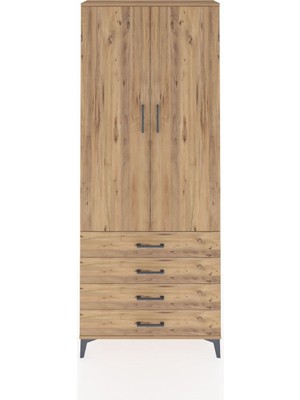 Arges Dolap 2 Raflı 4 Çekmeceli Tek Askılı 88X30X221 Çam-Çam