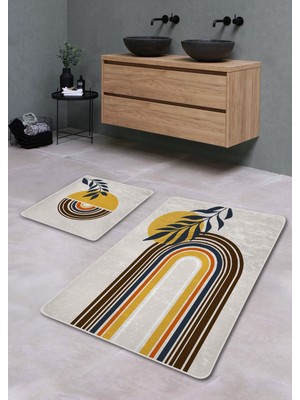 Kaymaz Taban Yıkanabilir 2’li Banyo Paspası, Omega Desenli, Ekru, 60X100 cm ve 50X60 cm