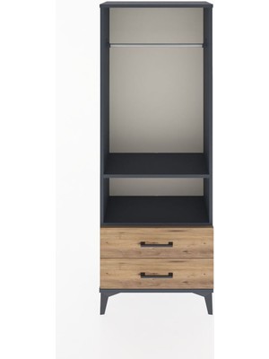 Arges Dolap 2 Raflı 2 Çekmeceli Tek Askılı 60X30X163 Antrasit-Çam