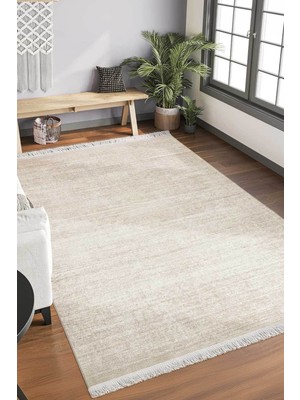 Bej Saçaklı Dijital Kaymaz Yıkanabilir Salon ve Mutfak Halısı