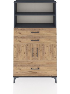 Arges Dolap 3 Raflı 3 Çekmeceli 2 Kapaklı 88X30X163 Antrasit-Çam
