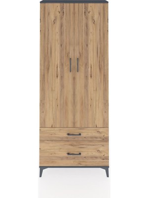Arges Dolap 2 Raflı 2 Çekmeceli Tek Askılı 88X30X221 Antrasit-Çam