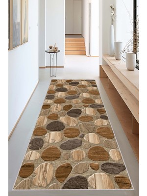 Bej 3D Taş Desenli Kaymaz Tabanlı Rulo Yolluk, Antre ve Mutfak Için Renkli Halı