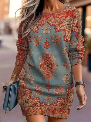 La Mode Istanbul Kadın Uzun Kollu Yuvarlak Yaka Desenli Mini Modal Elbise