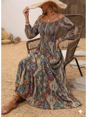 Aisha Elbise Kadın Düşük Omuzlu Beli Büzgülü Dijital Desenli Kesik Elyaf Süprem Uzun Elbise