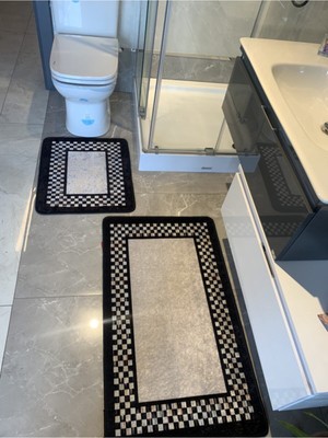 Damalı 2'li Lateks Taban Banyo Paspas Takımı, Siyah, 60X50 ve 60X100 cm