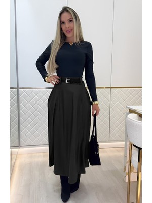 Arben Boutique Kadın Yüksek Belli Maxi Deri Kemersiz Etek