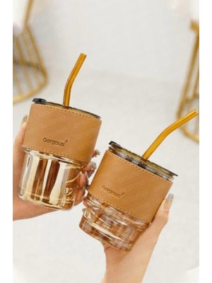 Bal Köpüğü Renkli Cam Pipetli Cam Bardak ve Deri Tutma Kılıflı Soğuk Sıcak Içecek Bardağı