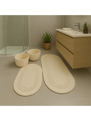Doğal Halat Dokuma 4'lü Banyo Seti, Oval Paspas ve Sepet, El Yapımı, Ekru