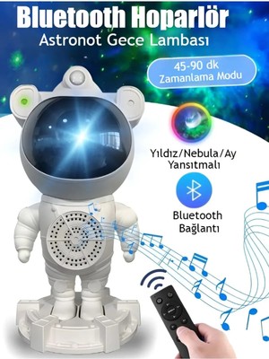 Beyaz Astronot Bluetooth Hoparlör, Gökyüzü ve Ay Temalı Gece Lambası