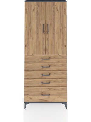 Arges Dolap 3 Raflı 5 Çekmeceli 2 Kapaklı 88X30X221 Antrasit-Çam