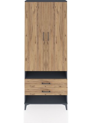 Arges Dolap 4 Raflı 2 Çekmeceli 2 Kapaklı 88X30X221 Antrasit-Çam