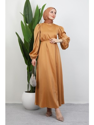 Ince Kuşaklı Saten Elbise Gold